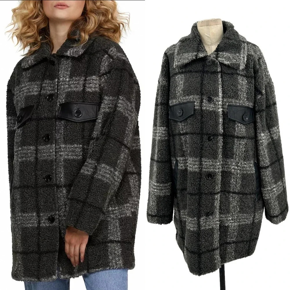 NVLT Plaid Faux Leather Trim Coat Gray Sherpa Shacket‎ Size XL